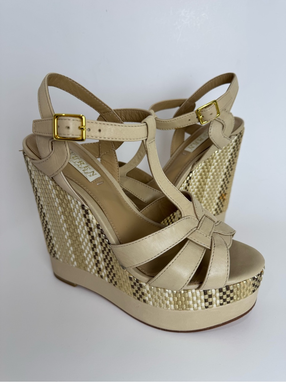 Lauren Ralph Lauren Maeva Cream Leather T-Strap Platform Wedge Sandals Size 6.5